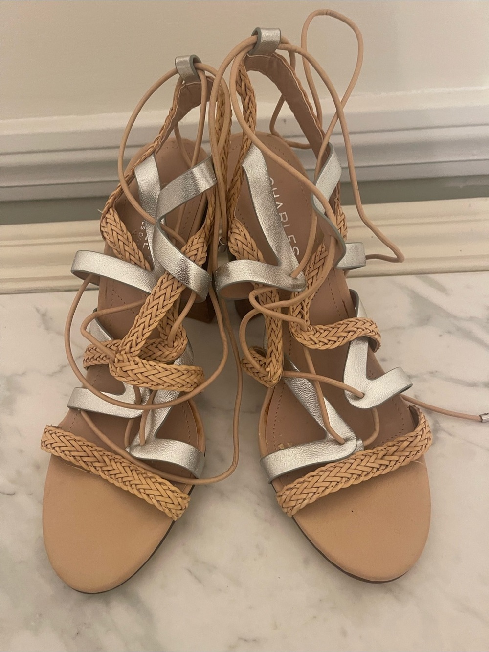 Charles David Braided Lace-Up Sandals in Tan and Silver